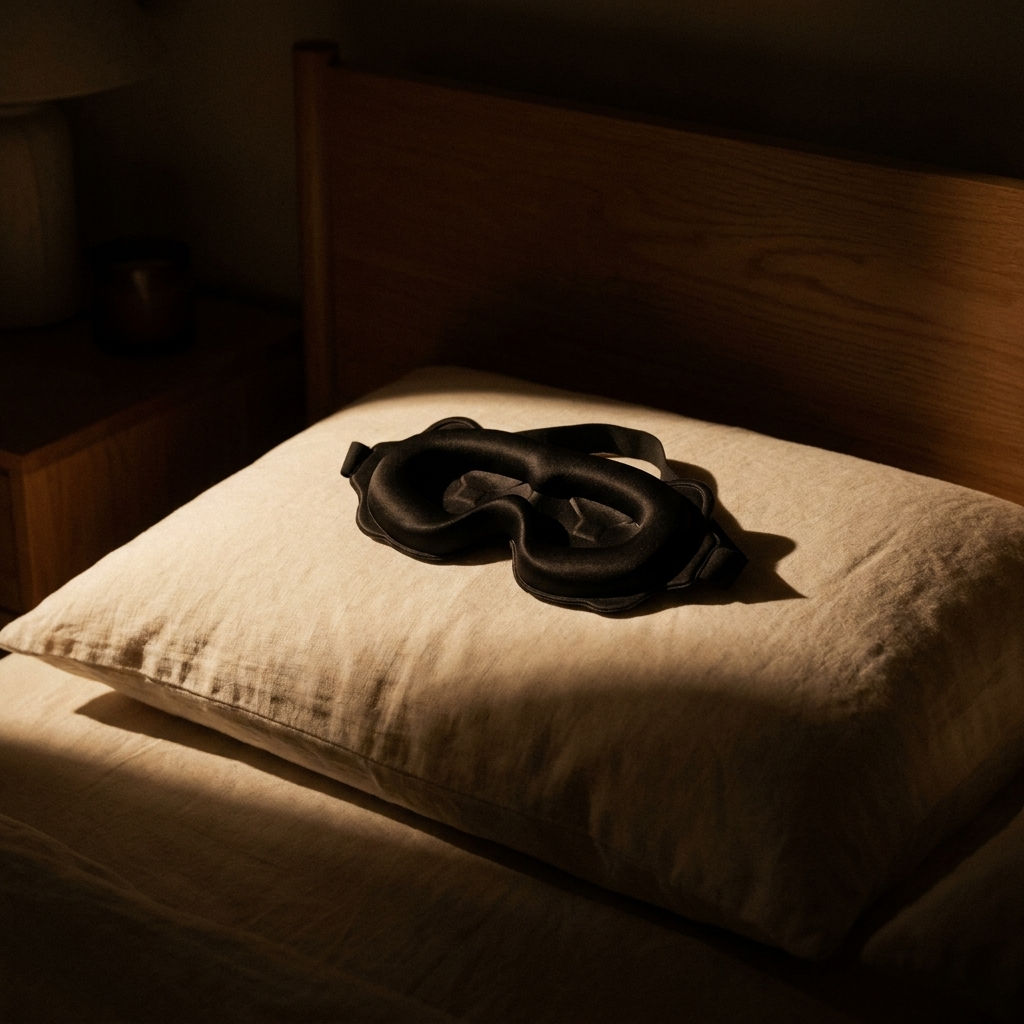 SleepVault sleep mask resting on a pillow in a darkened bedroom