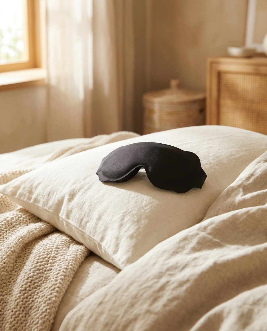 SleepVault sleep mask resting on a linen pillow in a calm bedroom
