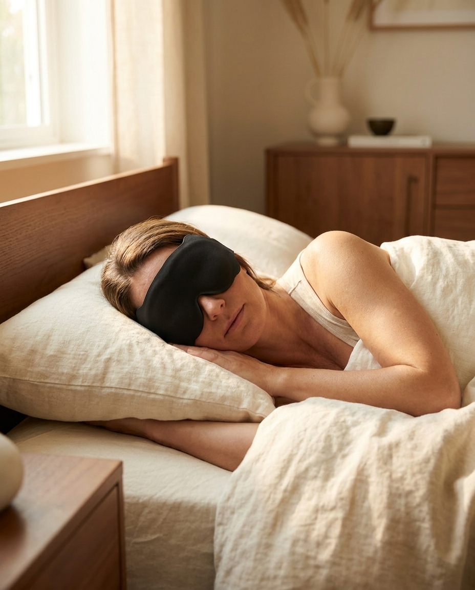 The SleepVault sleep mask resting on cream linen